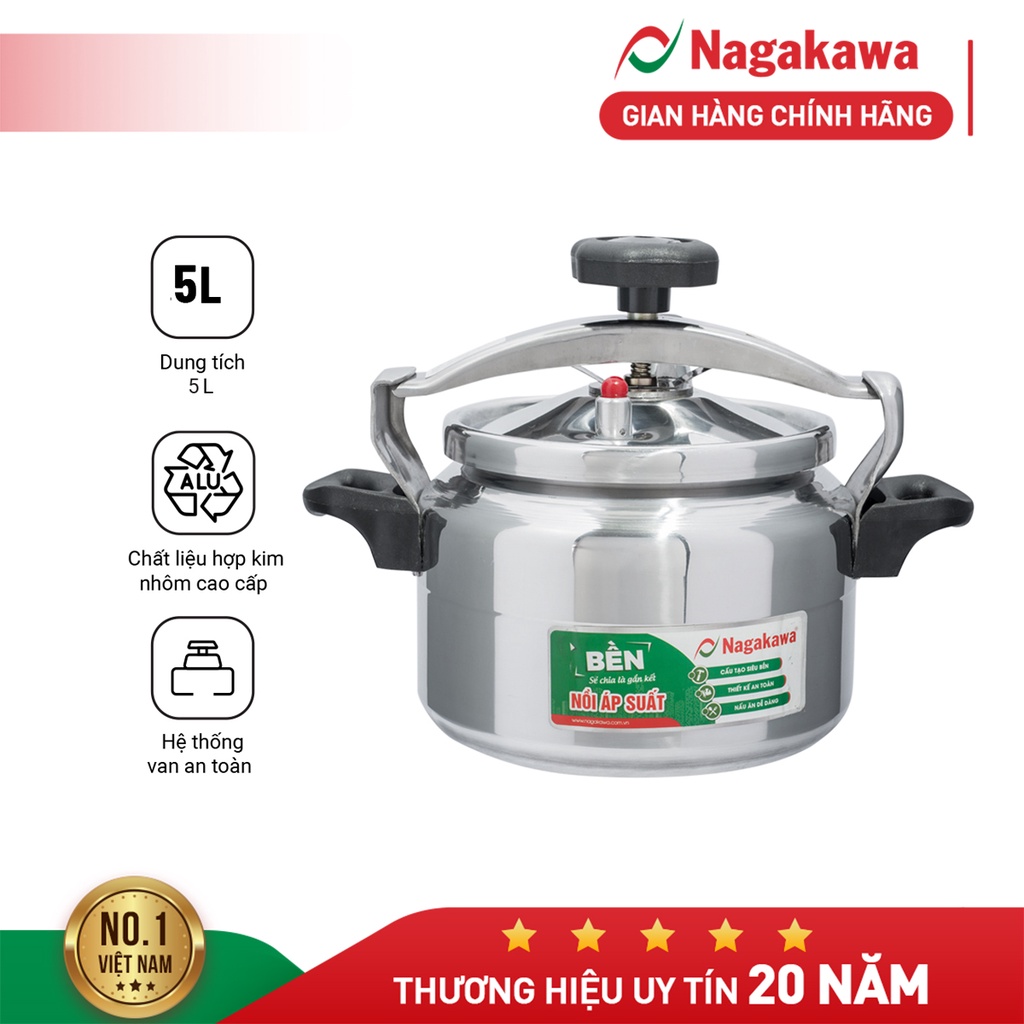 Nồi áp suất Nagakawa NAG1451 (5 Lít) - Màu bạc - Chỉ dùng trên bếp ga và bếp hồng ngoại - Hàng Chính Hãng