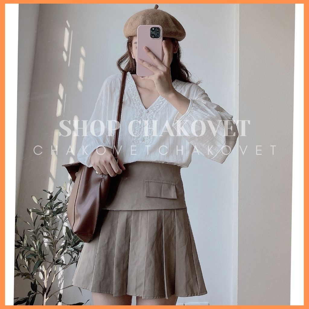 Áo sơ mi nữ cổ chữ V tay dài màu trắng CKA889, kiểu áo babydoll nữ tay phồng thiết kế cúc bọc phối ren cổ đẹp cá tính