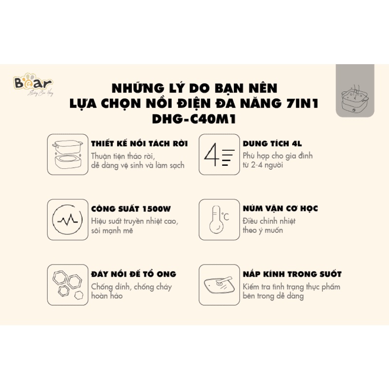 Nồi Lẩu Điện Đa Năng 7 in 1 Bear DHG - C40M1, Nồi Điện Đa Năng Chiên, Xào, Hầm, Nướng, Lẩu Chính Hãng Bảo Hành 18 Tháng