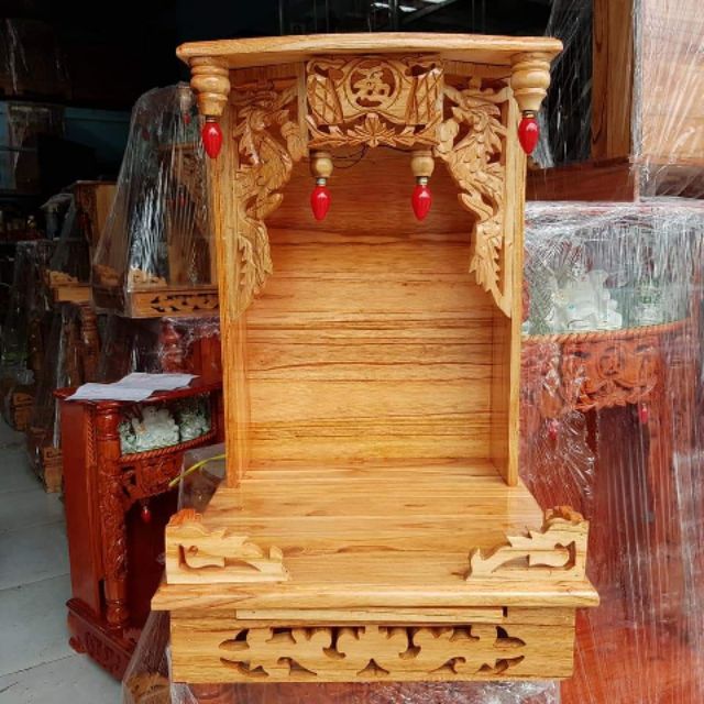 Bàn thờ thần tài ông địa gỗ xoan ngang 42 cm lọng