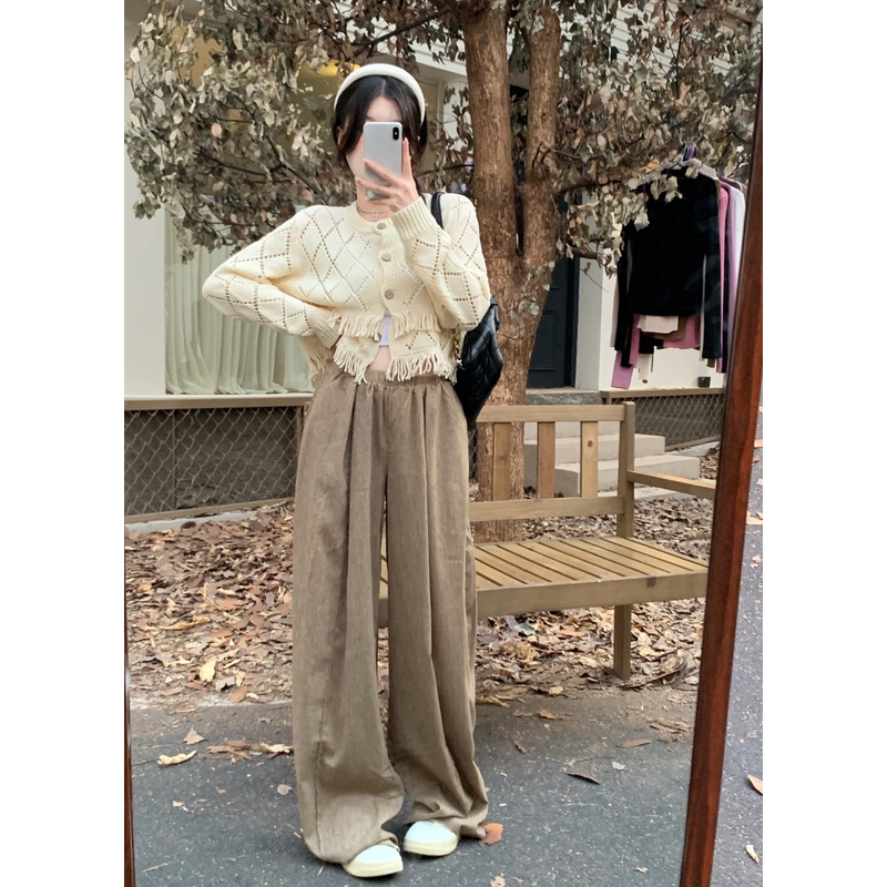 Huang YOYO Áo Khoác cardigan Dệt Kim Mềm Mại Phối Tua Rua Phong Cách Hàn Quốc Thời Trang Mùa Thu Nhẹ Nhàng Dành Cho Bạn Nữ