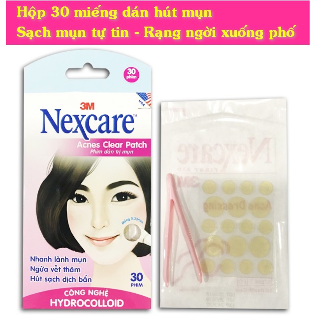 Hộp 30 miếng phim dán hút mụn, ngăn sẹo thâm Nexcare có tặng cây nhíp gắp