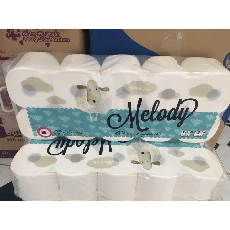 LỐC 10 CUỘN CÓ LÕI CAO CẤP MELODY GIẤY LỤA 3 LỚP - 1.4kg