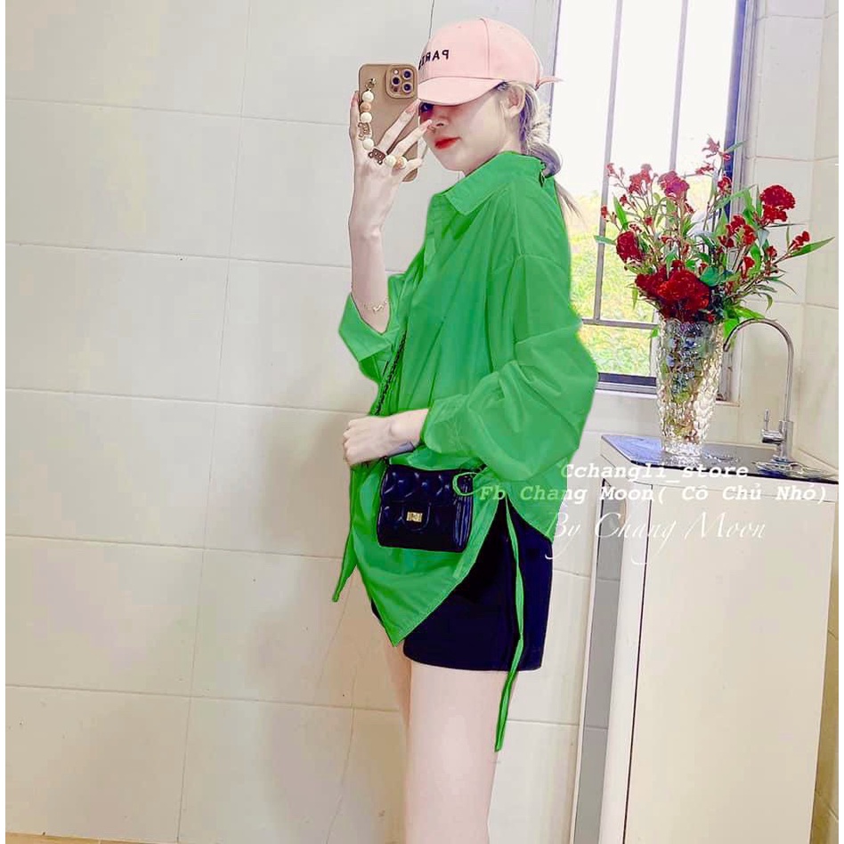 Set bộ sơ mi xanh dài tay mix quần sooc neon siêu hot