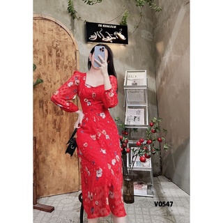 Đầm voan 2 lớp màu đỏ cúc bọc