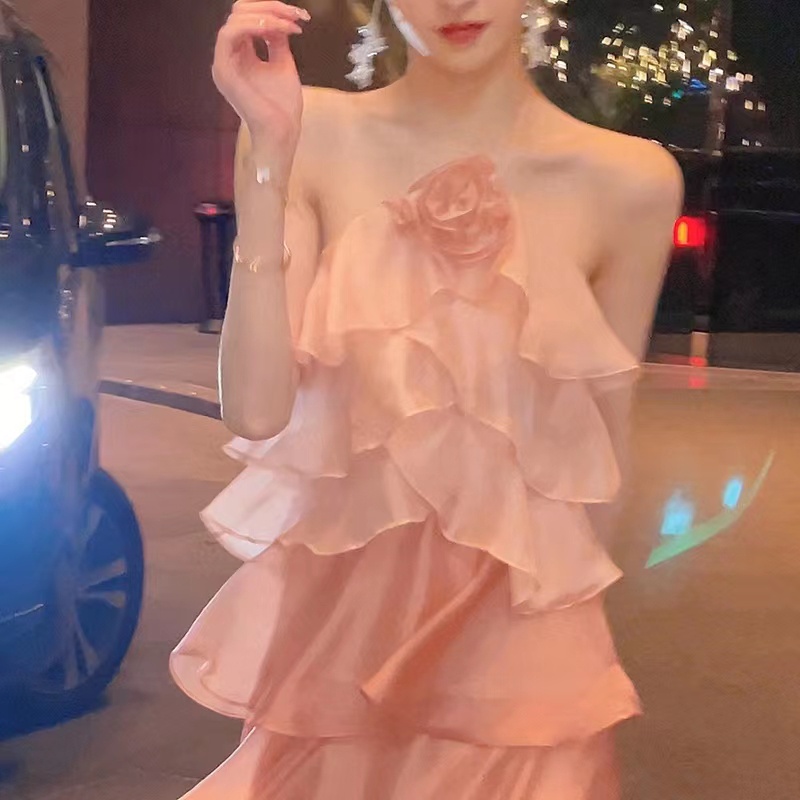 Đầm Hai Dây Nhún Bèo Màu Hồng Phong Cách Pháp Thanh Lịch Cho Nữ