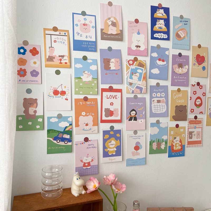Bộ 30 thẻ, postcard, thiệp, ảnh dán tường trang trí, hình gấu kem, bìa cứng ép đẹp
