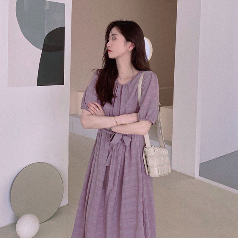 Đầm Do Dower chữ A nhăn ôm eo buộc dây kiểu Pháp tiểu thư