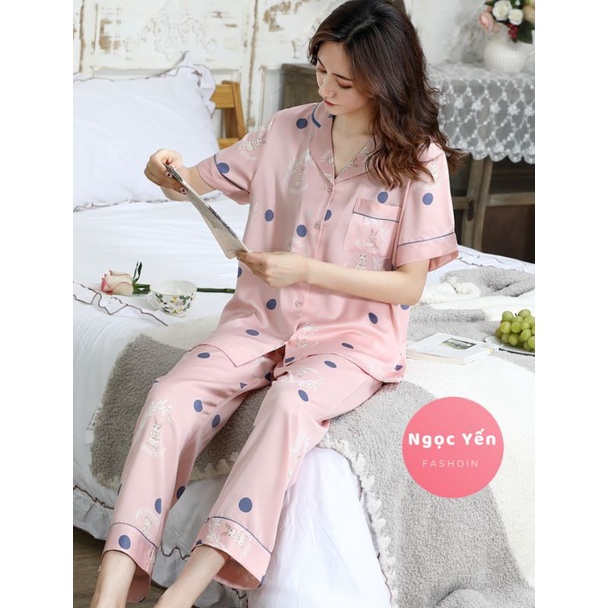 Đồ ngủ Pyjama lụa chất lượng tay ngắn mặc nhà họa tiết | BigBuy360 - bigbuy360.vn