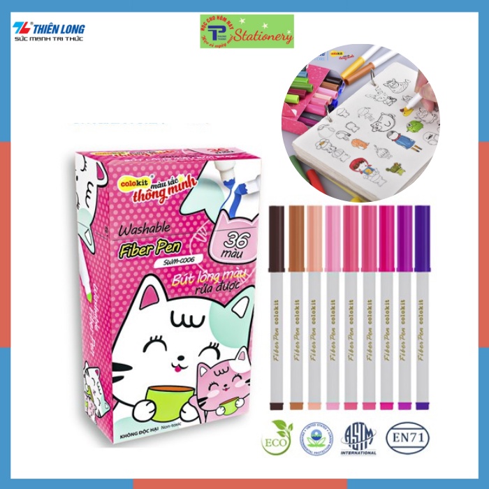 Bút Lông Màu Thiên Long rửa được Fiber Pen Washable SWM-C006-36 Màu-Viết được nét mảnh nét to