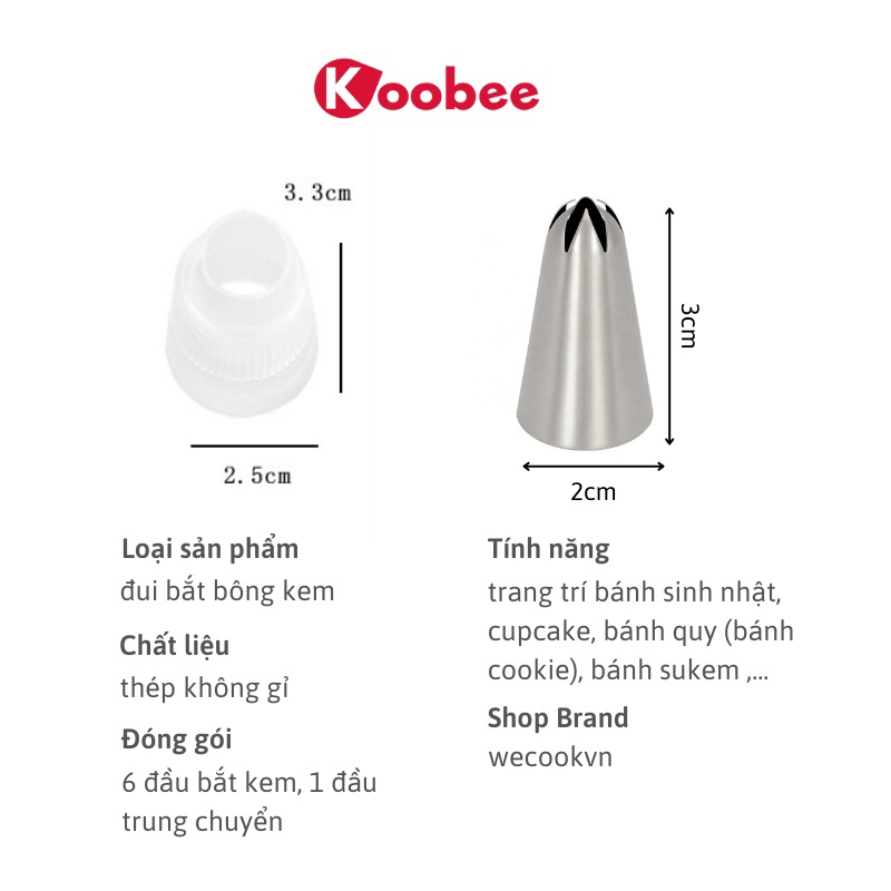 Bộ 7 - 12 đui bắt kem KOOBEE - Đuôi bắt kem tạo hình bánh quy trang trí bánh bằng thép không gỉ đúc dày dặn, cứng cáp