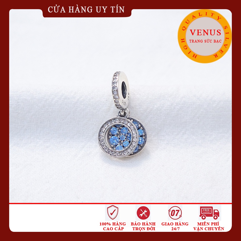 [Charm bạc 925 cao cấp] Charm treo mặt tròn đá màu xanh- Mã sản phẩm VENUSMT