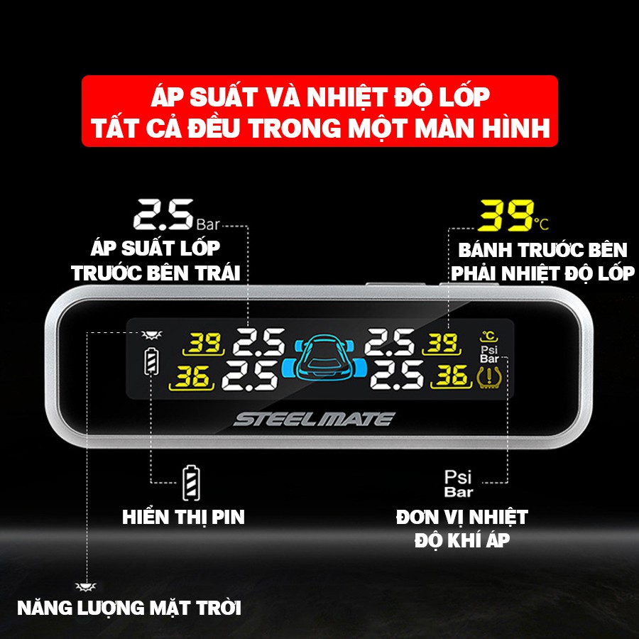 Cảm biến áp suất lốp van trong TPMS không dây Car365 phân phối chính hãng STEELMATE có màn hình màu hiển thị thông số