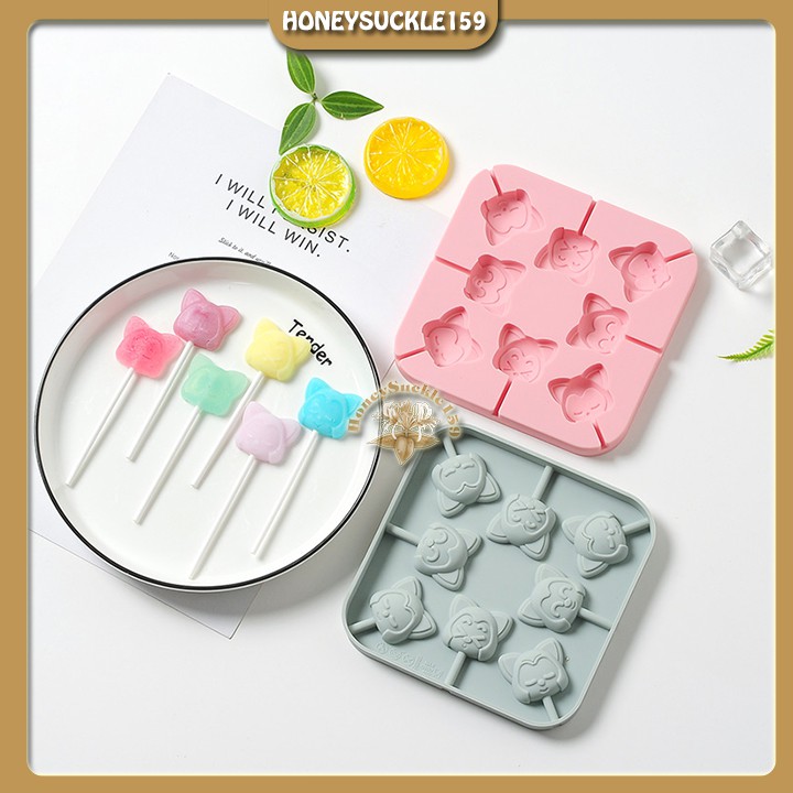 [Ảnh Thât+Video]Khuôn Silicon Đổ Socola/Thạch/Kẹo Lollipop/Kẹochipchip Hình 8 Mặt Mèo Cảm Xúc Kèm 20 Que Kẹo Làm Thử
