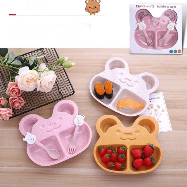 Khay Ăn Dặm Lúa Mạch Hình Gấu Chống rơi Vỡ