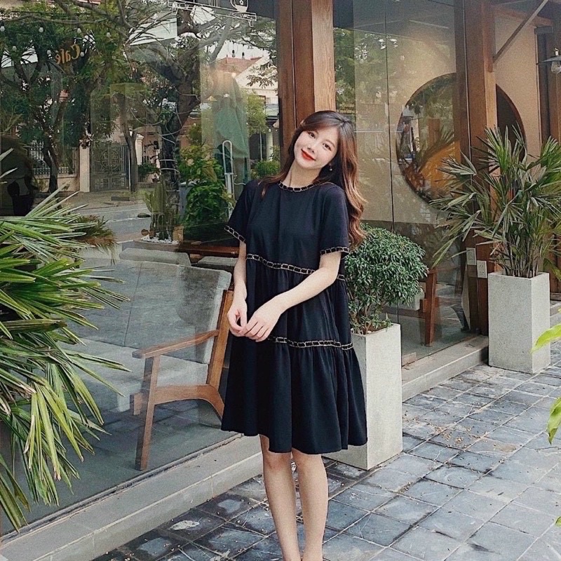 Váy bầu đũi tầng babydoll phối dây dệt cực xinh xắn trẻ trung - V62