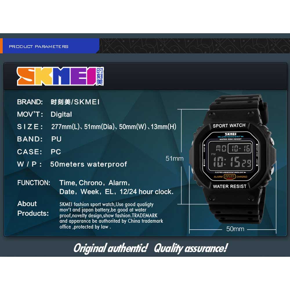 Đồng Hồ Điện Tử SKMEI 1134 Chống Thấm Nước Mặt Vuông 5 Pha Nhựa Resin Có Đèn LED Cho Nam