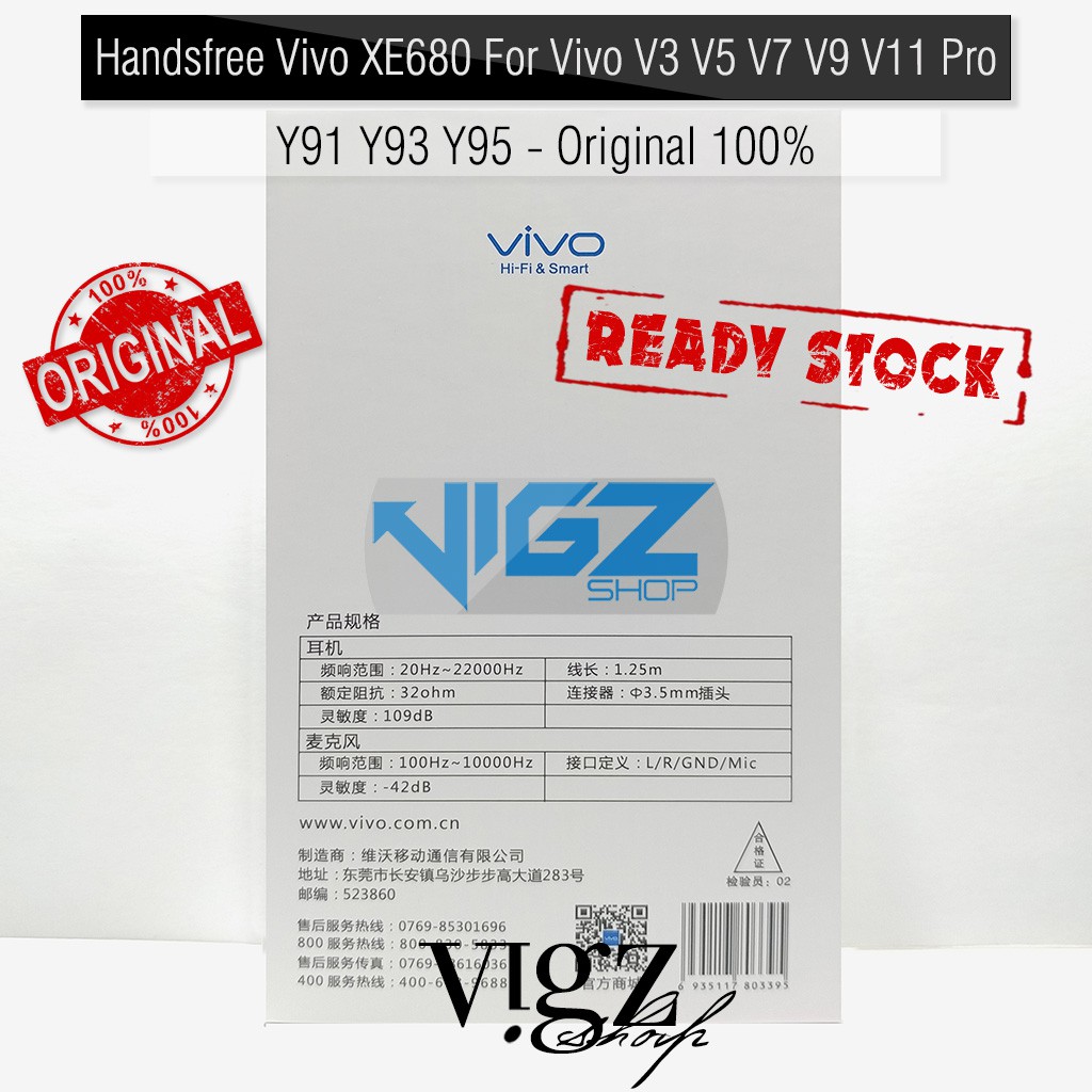 Tai Nghe Nhét Tai Vivo Xe680 Vivo V3 V5 V7 V9 V11 Pro Y91 Y93 Y95 Chính Hãng