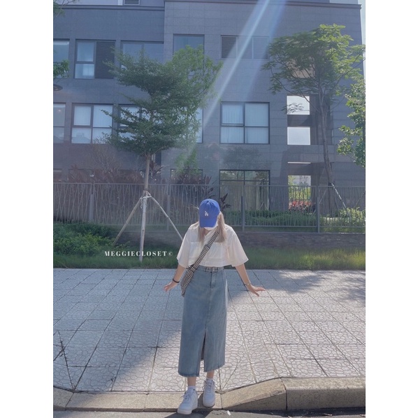 Chân váy jean xanh đậm nút 1 bên