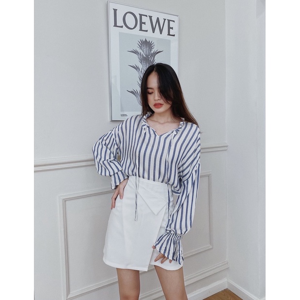 Áo kiểu nữ tay phồng LUCETFASHION Blue Striped Blouse