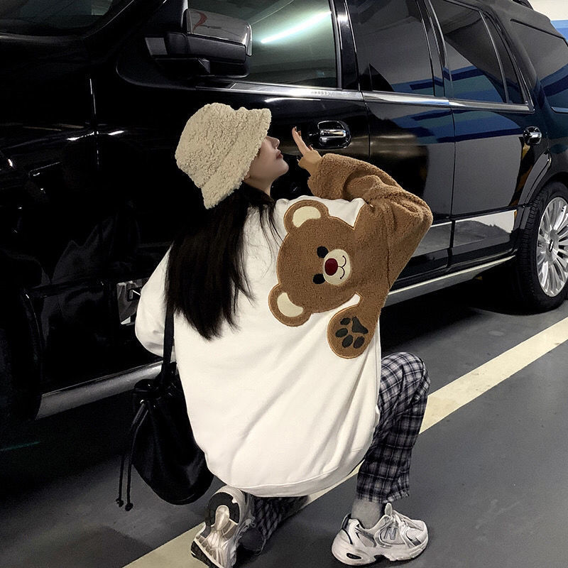 Áo sweater dài tay thêu hình gấu dáng rộng thời trang mùa đông dành cho cặp đôi
