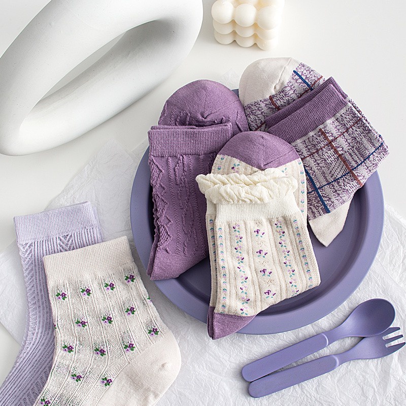 Set 5 đôi tất cổ cao Bivota vớ nữ hàn quốc hoạ tiết tím nhẹ nhàng T84