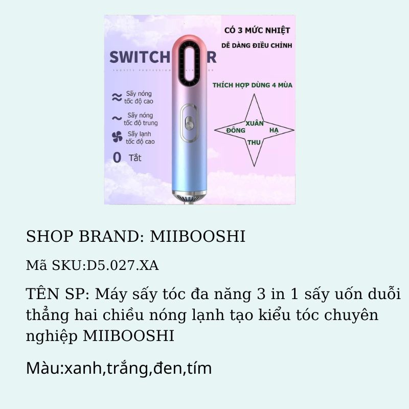Máy sấy tóc đa năng 3 in 1 sấy uốn duỗi thẳng hai chiều nóng lạnh tạo kiểu tóc chuyên nghiệp MIIBOOSHI D5.027.XA
