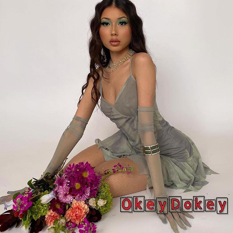 Đầm Mini Cổ Chữ V Phối Bèo Nhún Nhuộm Màu Tiecore Fairycore Okdk-Y2K Với Tay Áo 2000s Aesthetic Club