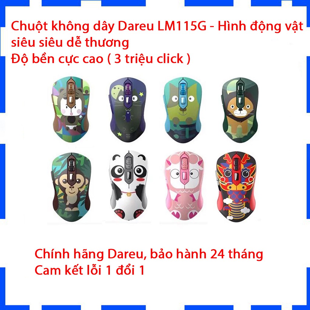 Chuột không dây DAREU LM115G Multi Color - Hình động vật cực đáng yêu - BH 24 tháng