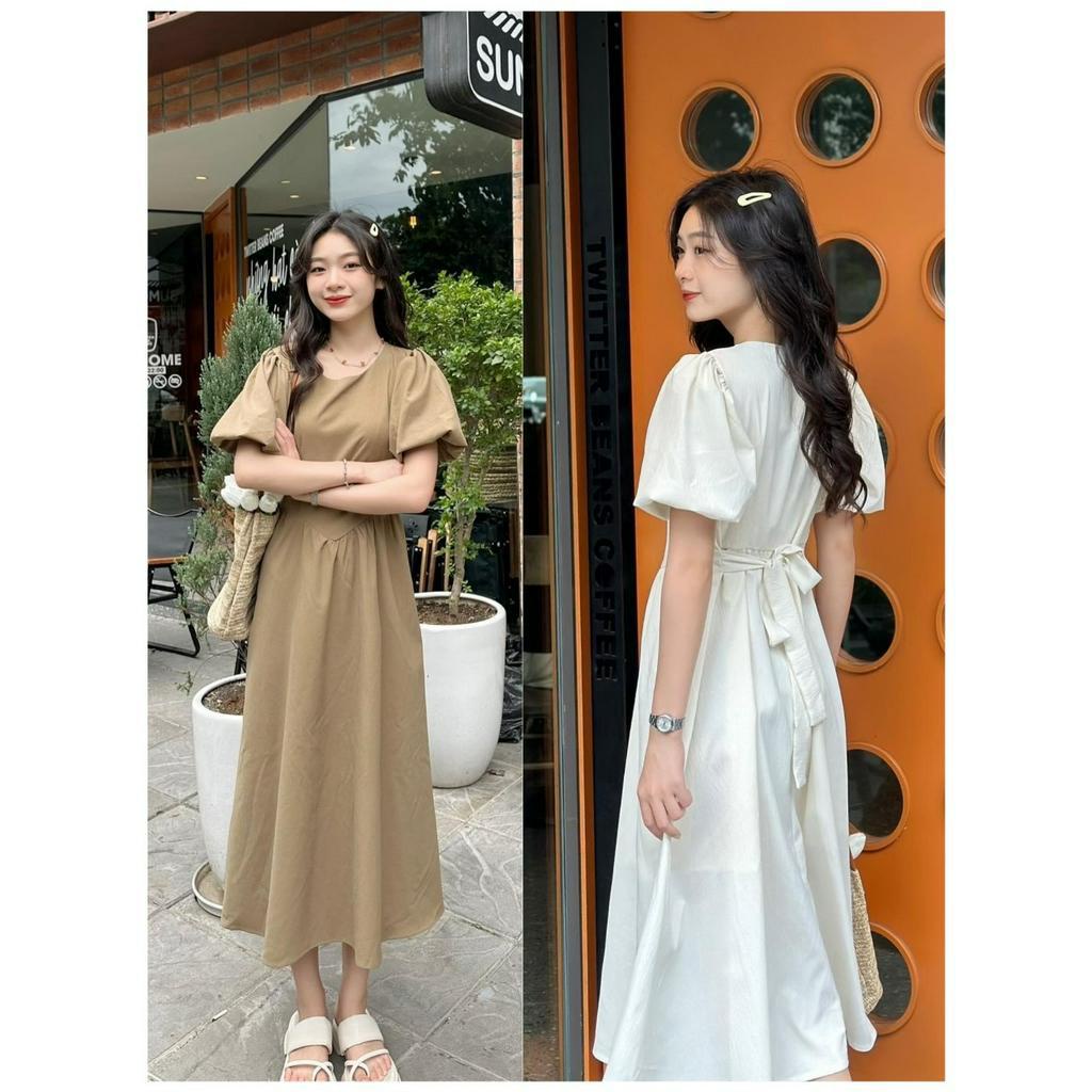 Váy tay bồng chất đũi sần 2 lớp buộc nơ - 247store.vn - Vay6214_P6K7