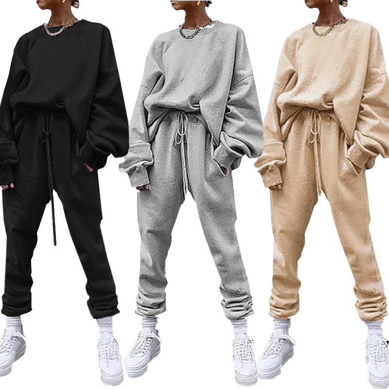 Set đồ nữ Zanzea gồm áo tay dài cổ tròn và quần dài lưng co giãn màu trơn phong cách đường phố thể thao