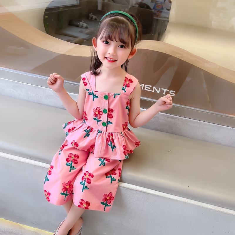 Bộ Áo Hai Dây In Hoa + Chân Váy Ngắn In Hoa Thời Trang Mùa Hè Hàn Quốc Dành Cho Bé Gái