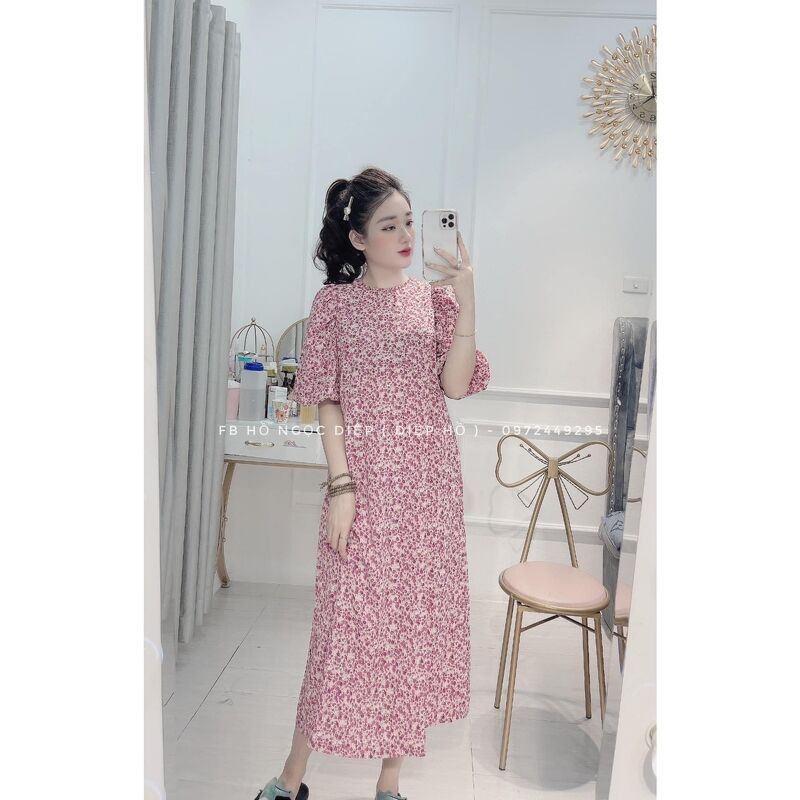 váy hoa nhí vintage dáng dài cổ tròn kiểu dáng hàn quốc