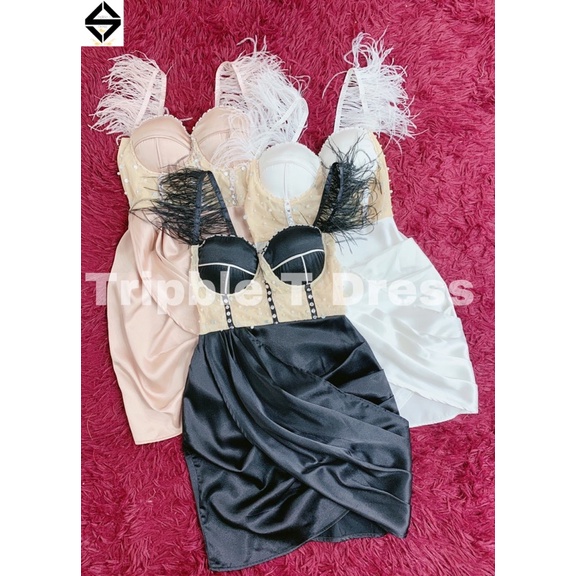 TRIPBLE T DRESS - Đầm body form ngắn mini cúp bra phối lông tua rua gợi cảm - size M/L -MS374V