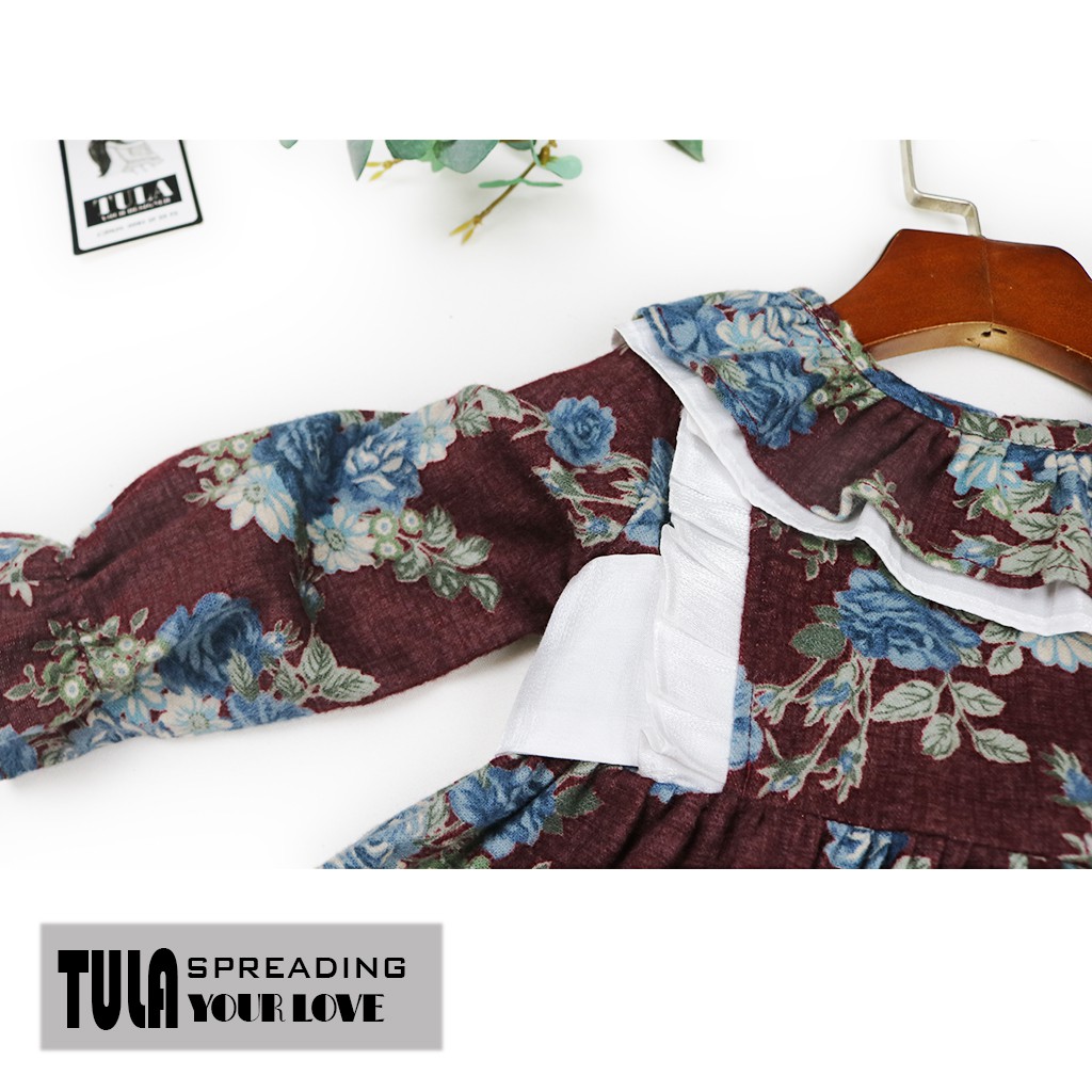 Váy Đầm Bé Gái Vải Thô Cào Bông Nhập Hàn Quốc Họa Tiết Chùm Hoa Xanh Nền Đô Đậm