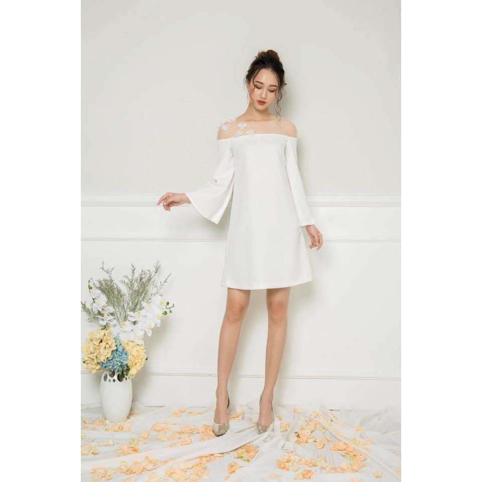 Đầm Dự Tiệc Trắng Tay Lỡ Phối Lưới Đính Hoa Cực Sang Chảnh Julianna Dress