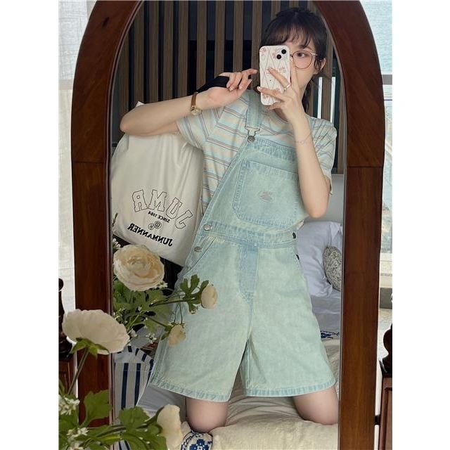 Quần Yếm Ngắn Ống Rộng Lưng Cao Màu Sáng Phong Cách Nhật Bản Thời Trang Mùa Hè Mới Cho Nữ