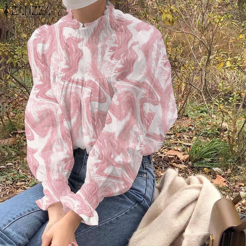 Áo kiểu ZANZEA tay dài cổ xếp ly dáng rộng thời trang cho nữ