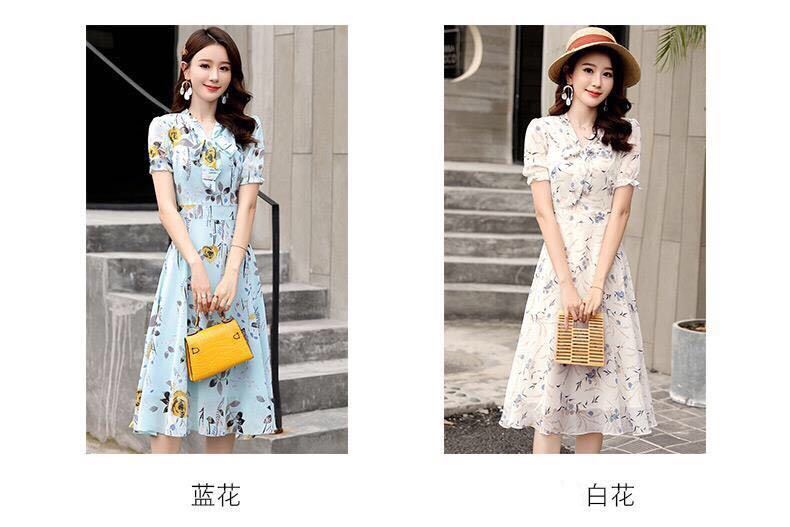 French Print Chiffon Dress bow tie tie skirt fashion short sleeve slim women's skirt