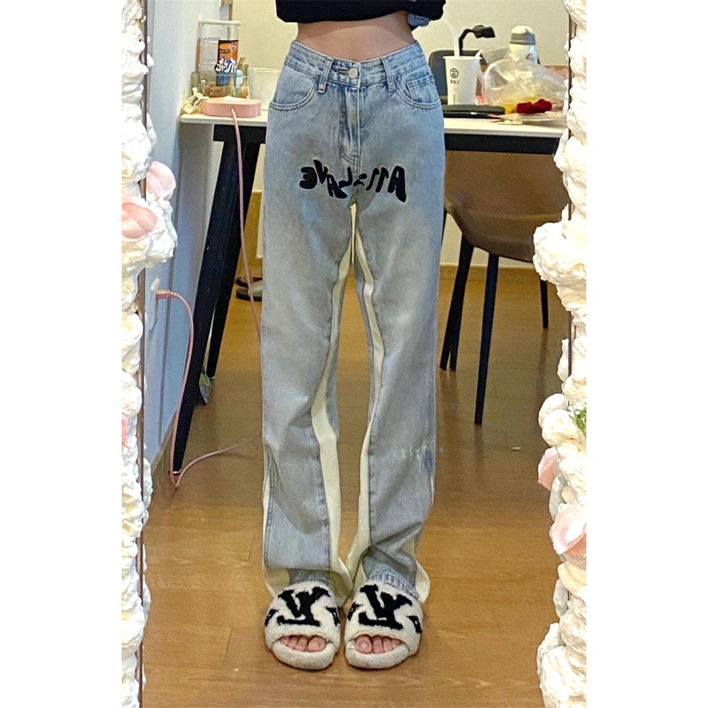 Cocory vn Quần Jeans Nữ Lưng Cao Thêu Chữ Thời Trang