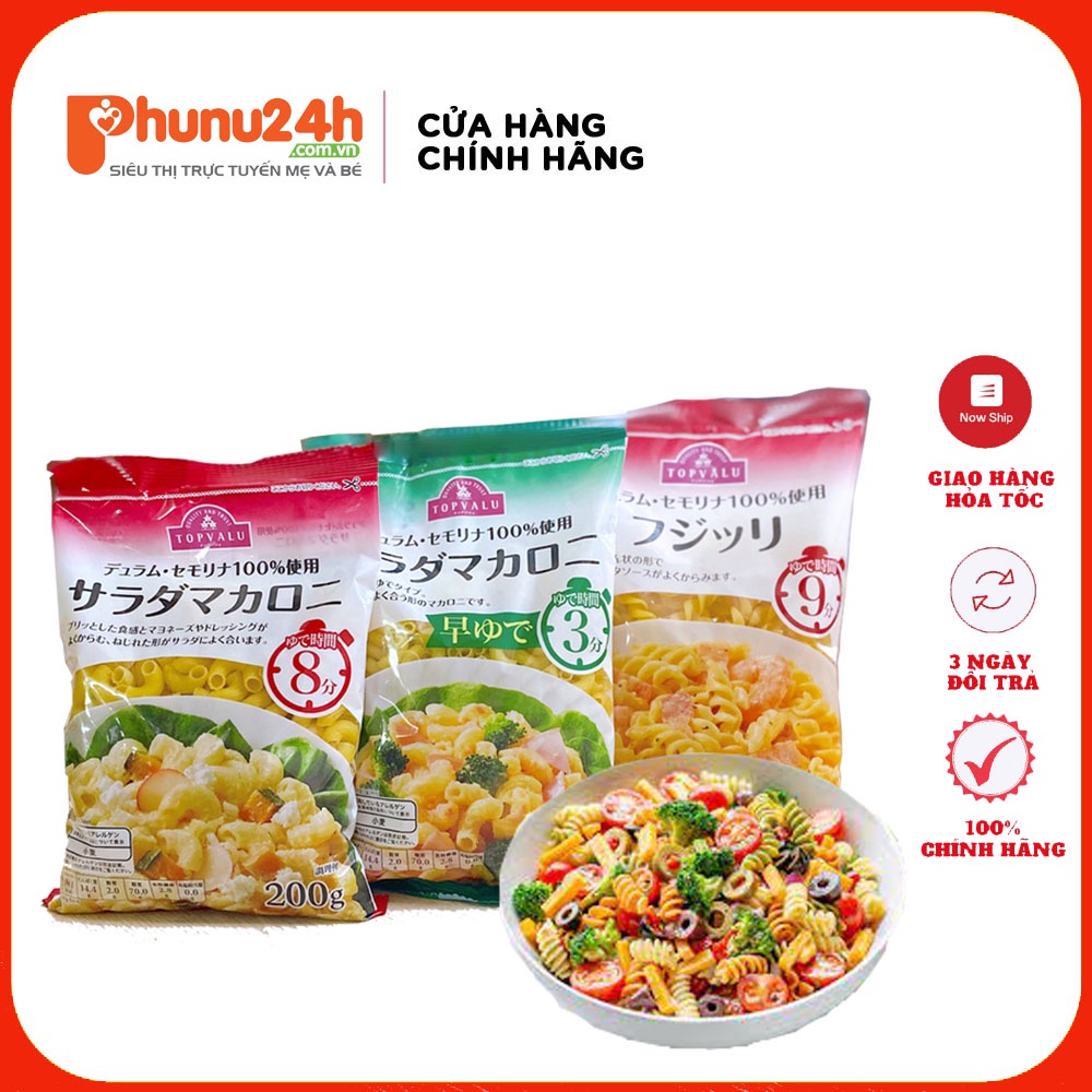 Nui/pasta macaroni/xoắn Topvalu Nhật Bản gói 200gr cho bé 9M+ [Date 2024]