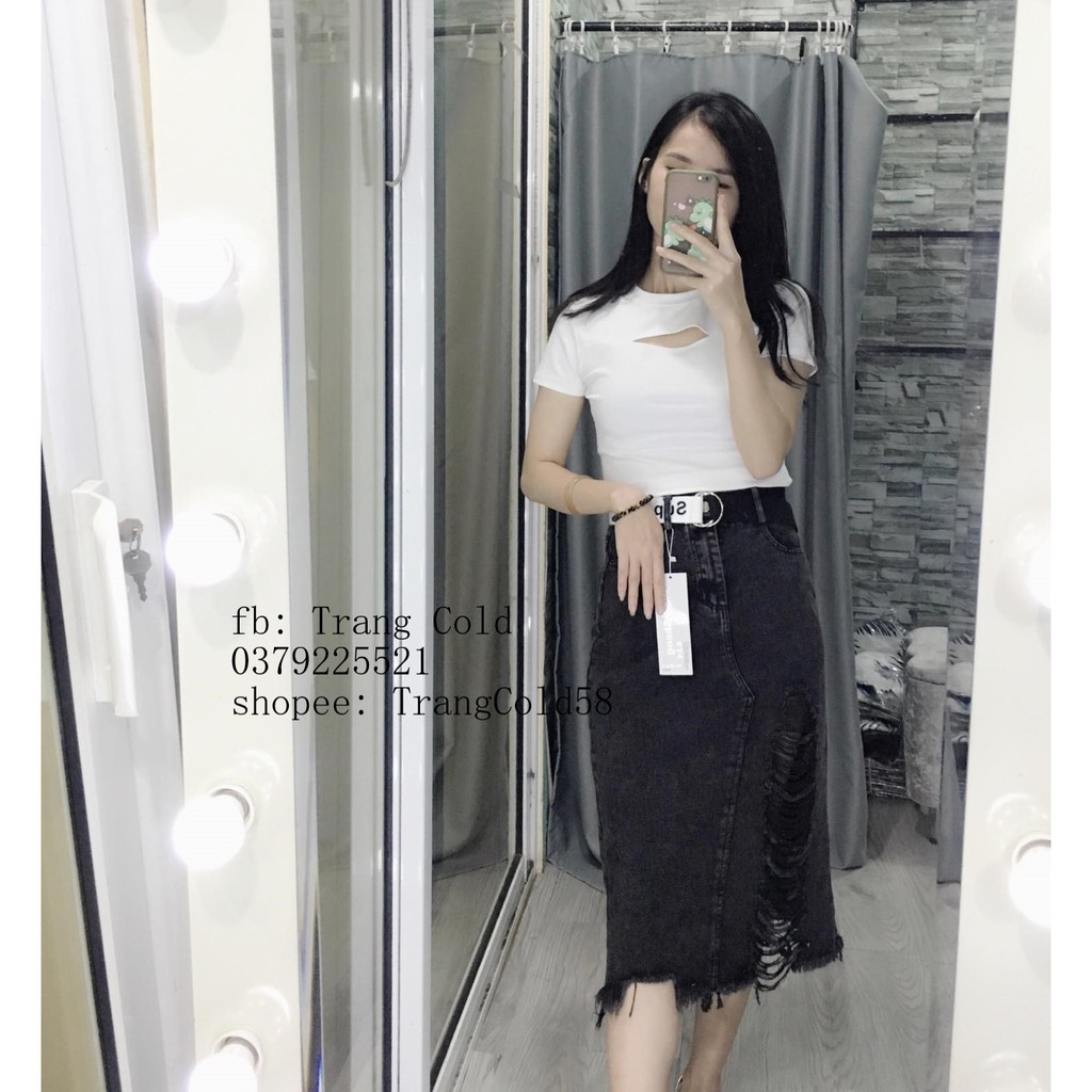 Chân váy bò rách kèm đai xẻ sau hàng loại 1 ( Ảnh thật shop chụp ) | BigBuy360 - bigbuy360.vn