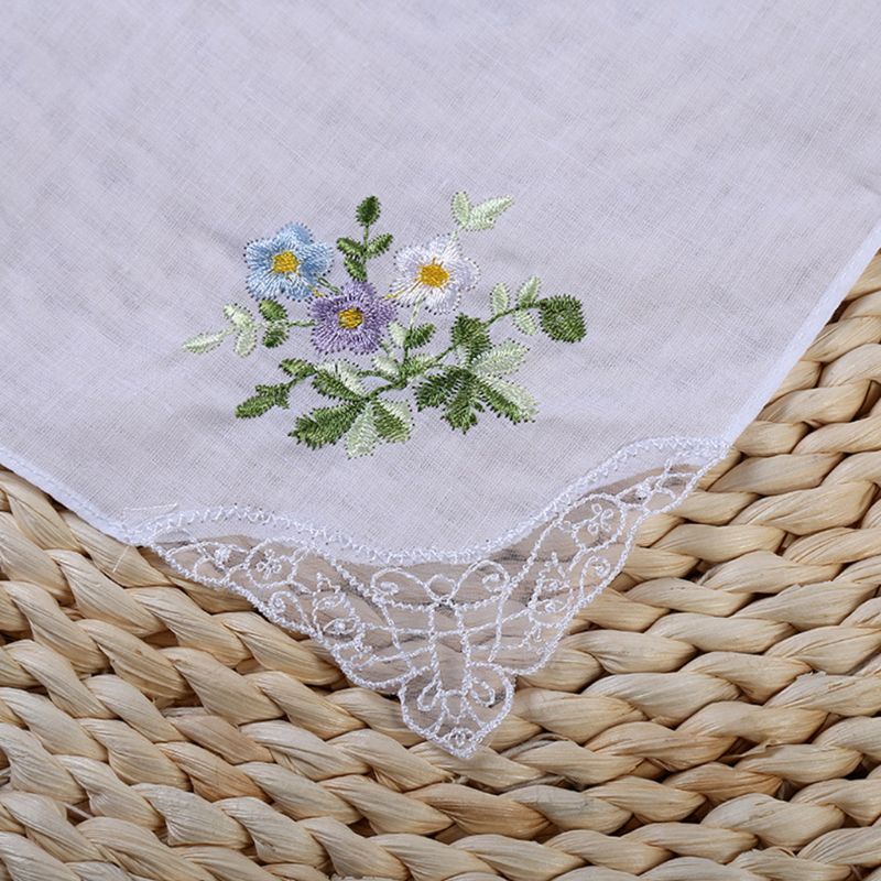Bộ 5 Khăn Tay Cotton 11x11 Inch Thêu Họa Tiết Hoa Và Bướm Cho Nữ