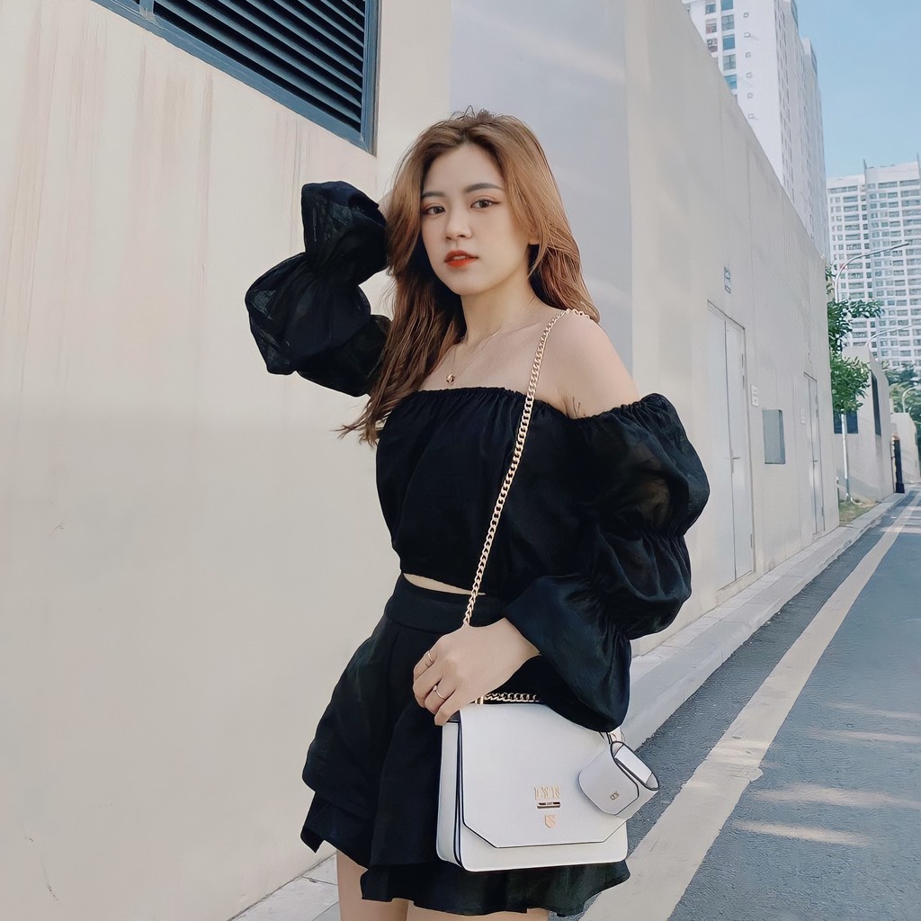 Áo trễ vay tay bèo chun co giãn Midi Shop, áo trễ vai tay bồng tiểu thư