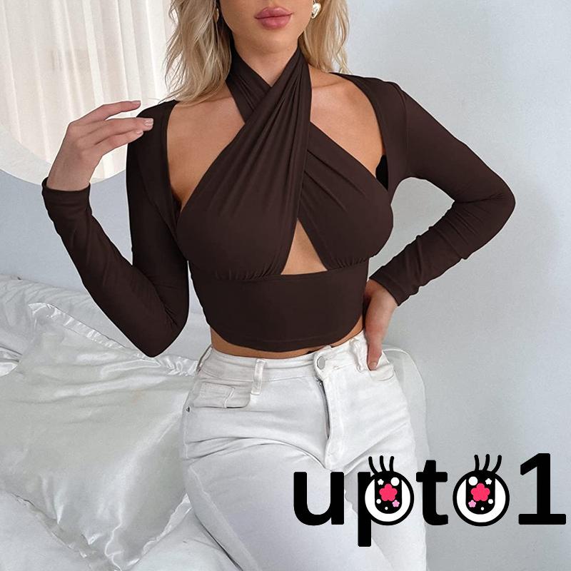 Áo thun dáng ngắn tay dài khoét vai màu trơn thời trang dành cho nữ