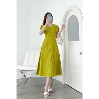 Váy xanh cốm chiết ly eo