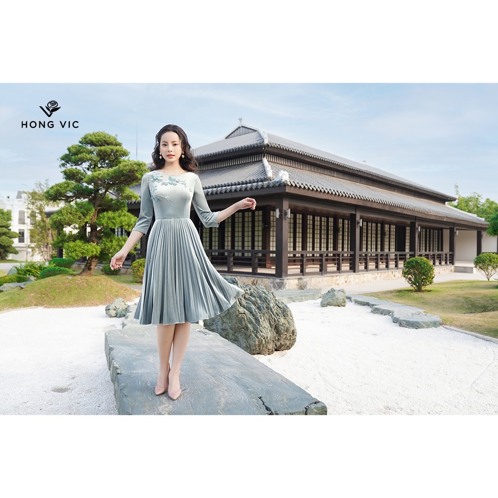 Đầm nhung nữ thiết kế Hongvic xanh dập ly DL355