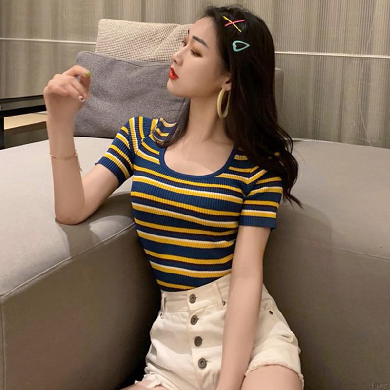 Áo Thun Tay Ngắn Cổ Chữ U Họa Tiết Kẻ Sọc Thời Trang Hàn Quốc