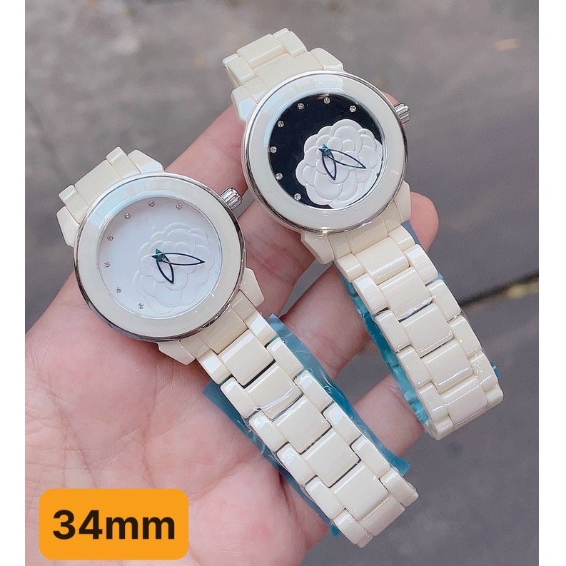 ĐỒNG HỒ NỮ DÂY ĐÁ CERAMIC MẶT HOA  - VỎ SILVER/ROSE GOLD - SIZE 34MM
