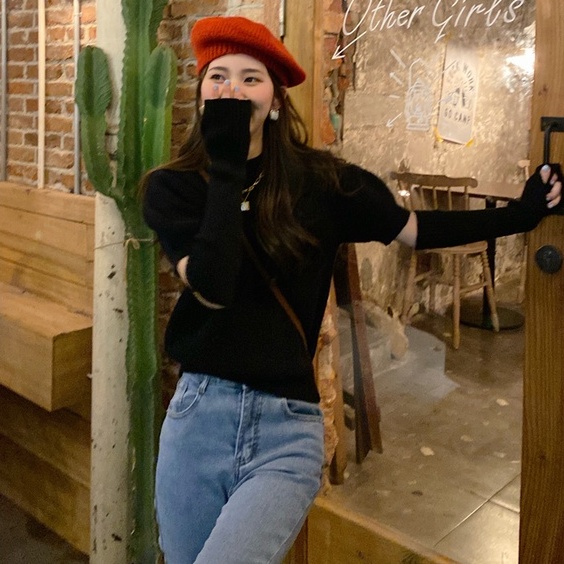 Áo sweater ZHELIHANGFEI dệt kim cổ cao tay phồng thời trang thu đông dành cho nữ